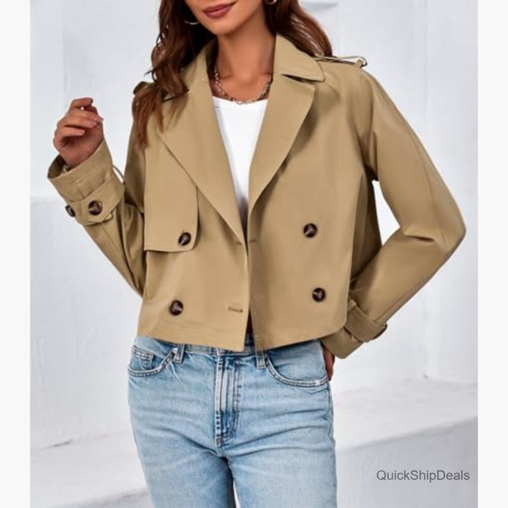 Cropped Trench Coat Double Breasted Notch Lapel Lightweight Jacket - Picture 3 of 7